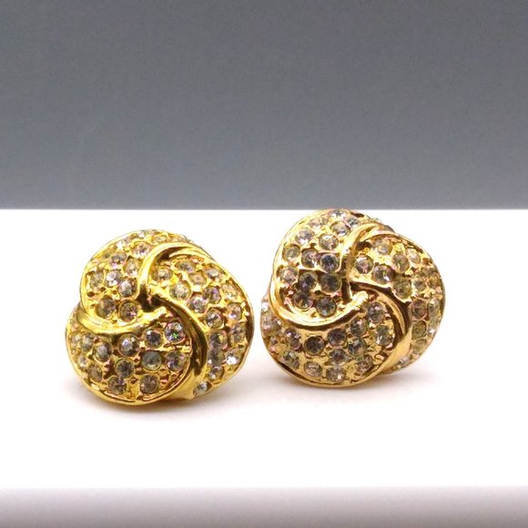 Vintage ROMAN Pave Crystal Knot Earrings, Gold Tone Studs - Picture 2 of 5